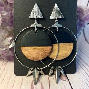 Boho Geometric Triangle Hoop Hanging Earrings with Wood Circles